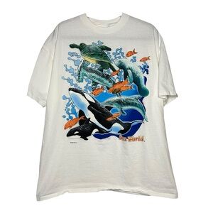 VINTAGE | Oneita Sea World‎ Single Stitch Tee - White + Multi-Color - Sz 2XL